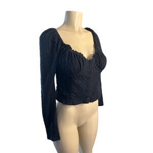 M Free People Ladybug Long Sleeve Top Bustier Corset Smocked Blouse Shirt Black